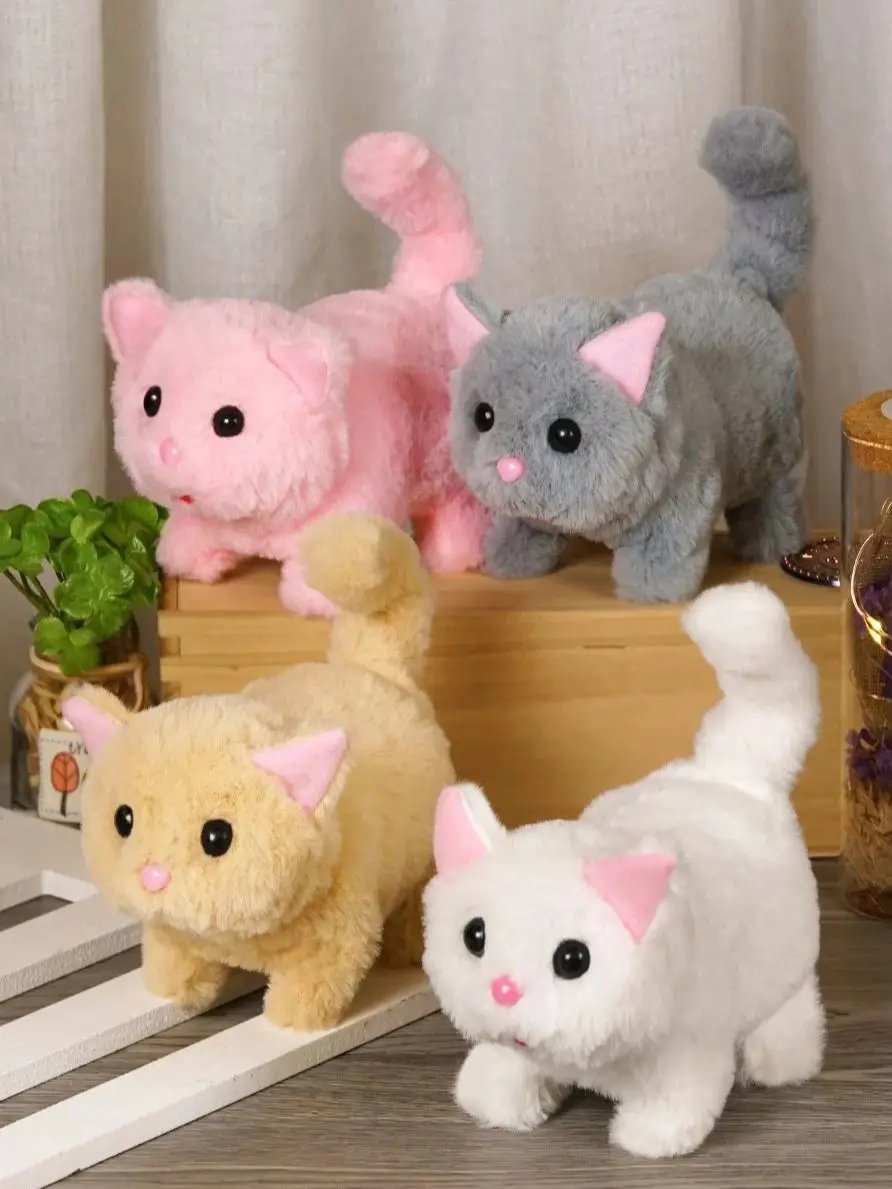 Cute Interactive Cat Plush Toy Electronic Stuffed Doll Toy Walking Tail Wagging Head Shaking for Boys Girl Birthday Holiday Gift
