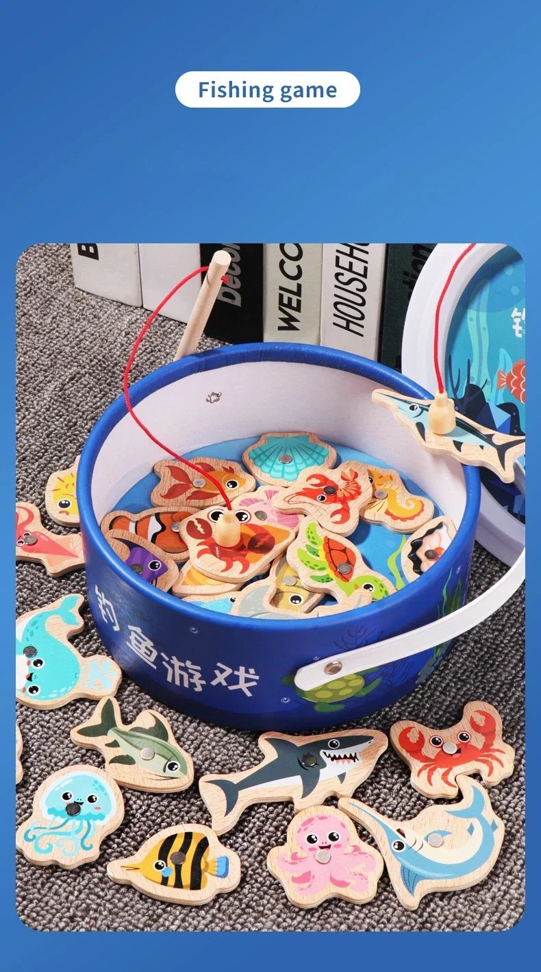 Funny Fine Motor Skill Fish Cognition Puzzle Toy Wooden Montessori Catching Toys Colorful Wooden Magnetic Fishing Game