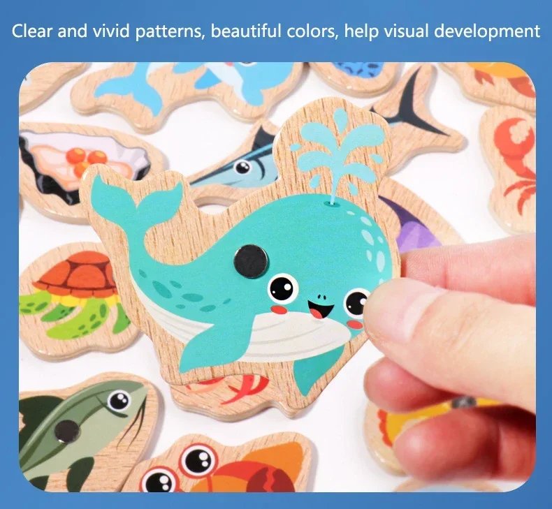 Funny Fine Motor Skill Fish Cognition Puzzle Toy Wooden Montessori Catching Toys Colorful Wooden Magnetic Fishing Game
