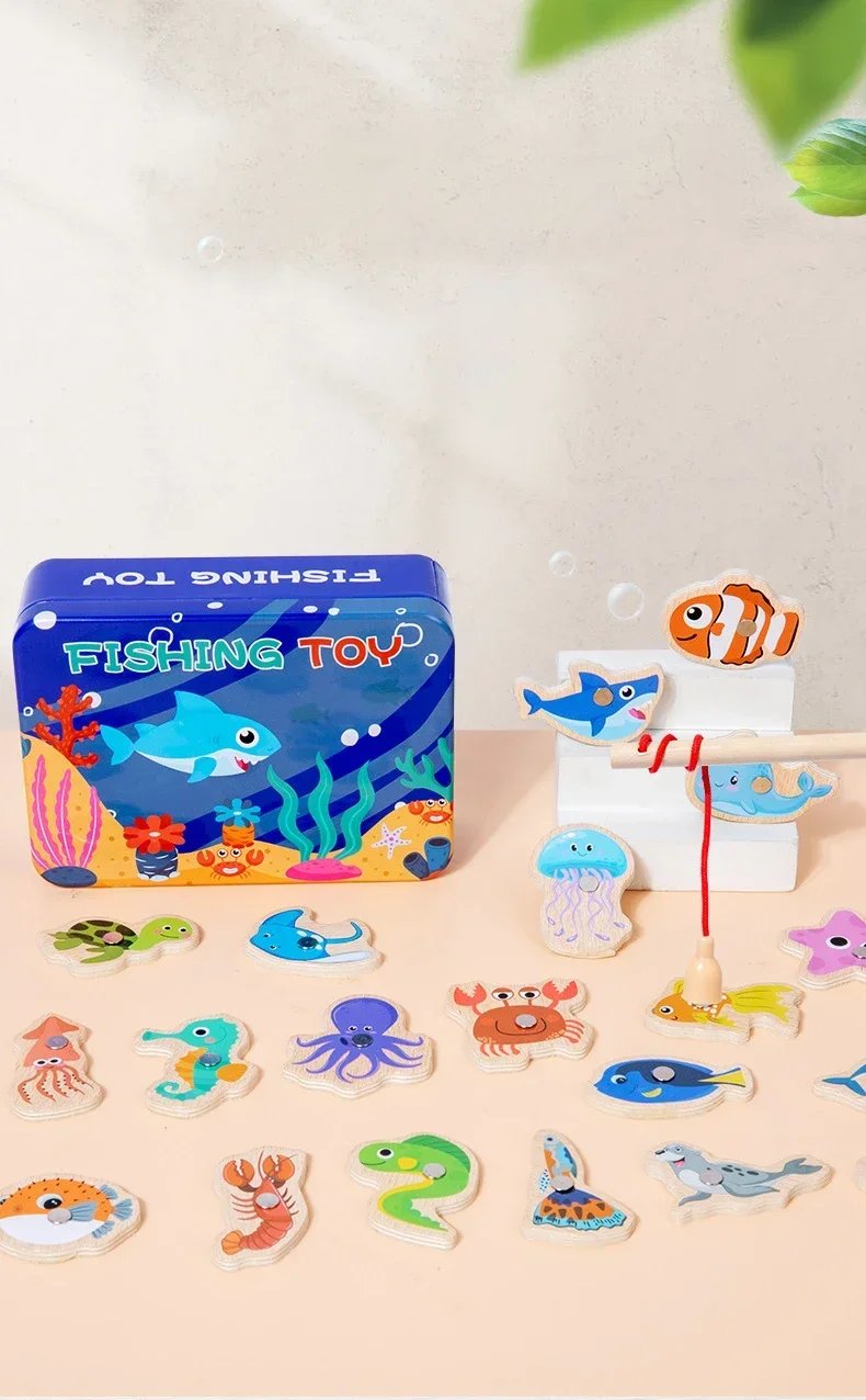 Funny Fine Motor Skill Fish Cognition Puzzle Toy Wooden Montessori Catching Toys Colorful Wooden Magnetic Fishing Game