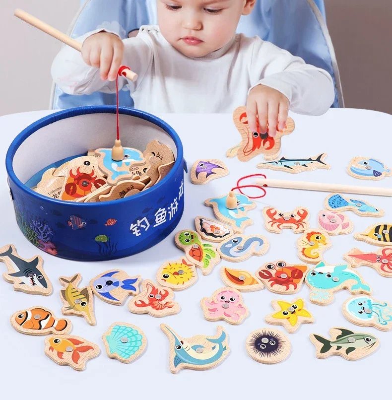 Funny Fine Motor Skill Fish Cognition Puzzle Toy Wooden Montessori Catching Toys Colorful Wooden Magnetic Fishing Game