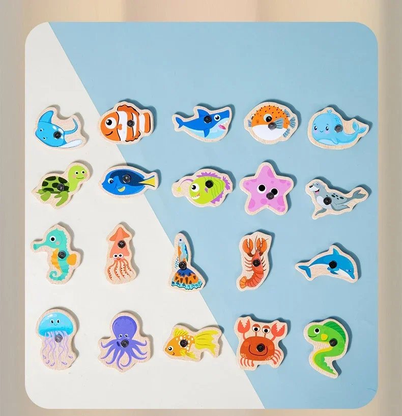 Funny Fine Motor Skill Fish Cognition Puzzle Toy Wooden Montessori Catching Toys Colorful Wooden Magnetic Fishing Game