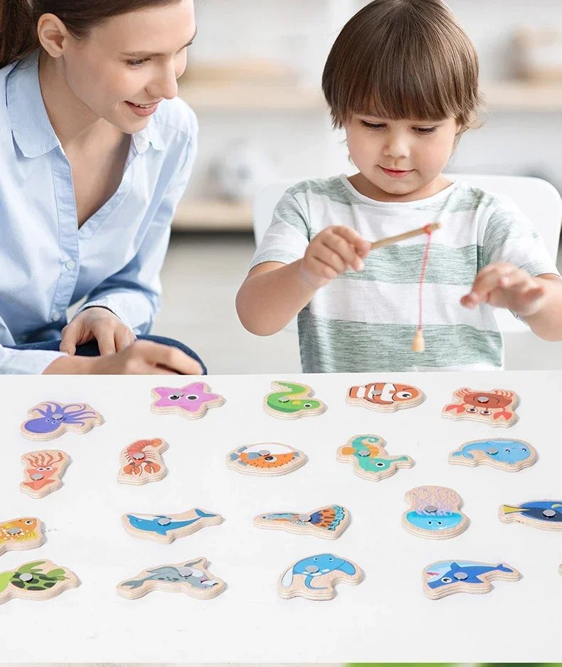 Funny Fine Motor Skill Fish Cognition Puzzle Toy Wooden Montessori Catching Toys Colorful Wooden Magnetic Fishing Game