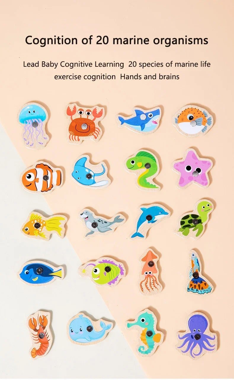 Funny Fine Motor Skill Fish Cognition Puzzle Toy Wooden Montessori Catching Toys Colorful Wooden Magnetic Fishing Game