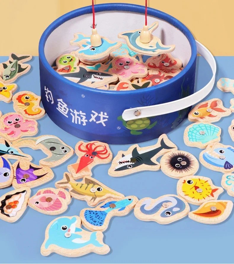 Funny Fine Motor Skill Fish Cognition Puzzle Toy Wooden Montessori Catching Toys Colorful Wooden Magnetic Fishing Game