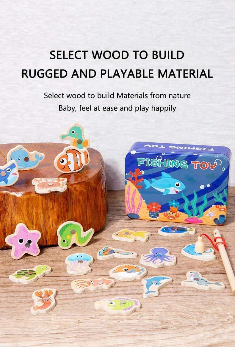 Funny Fine Motor Skill Fish Cognition Puzzle Toy Wooden Montessori Catching Toys Colorful Wooden Magnetic Fishing Game