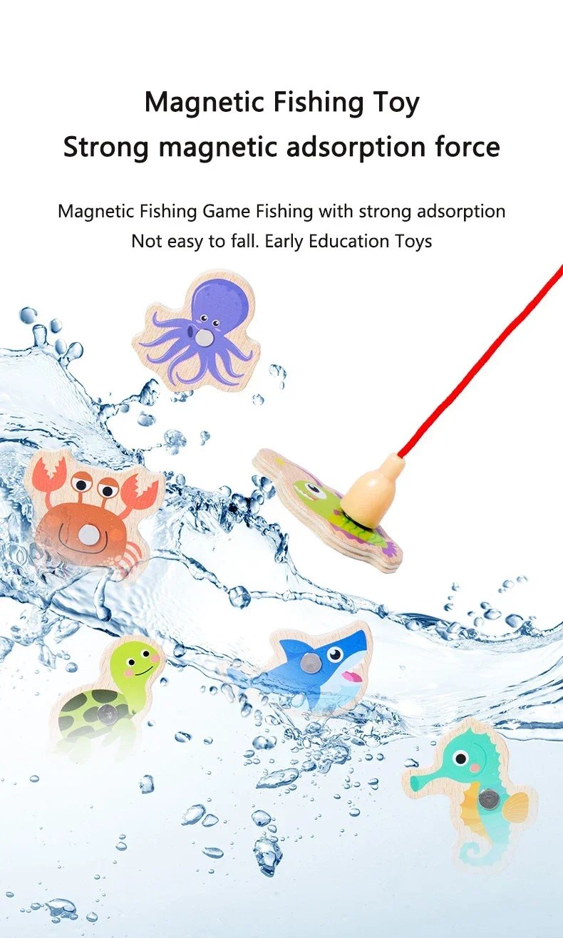 Funny Fine Motor Skill Fish Cognition Puzzle Toy Wooden Montessori Catching Toys Colorful Wooden Magnetic Fishing Game