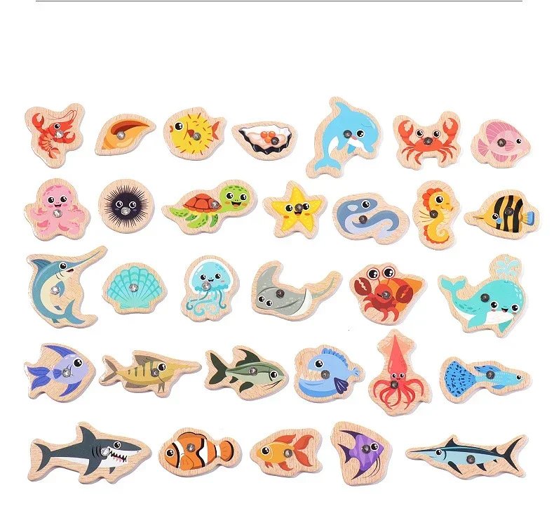Funny Fine Motor Skill Fish Cognition Puzzle Toy Wooden Montessori Catching Toys Colorful Wooden Magnetic Fishing Game