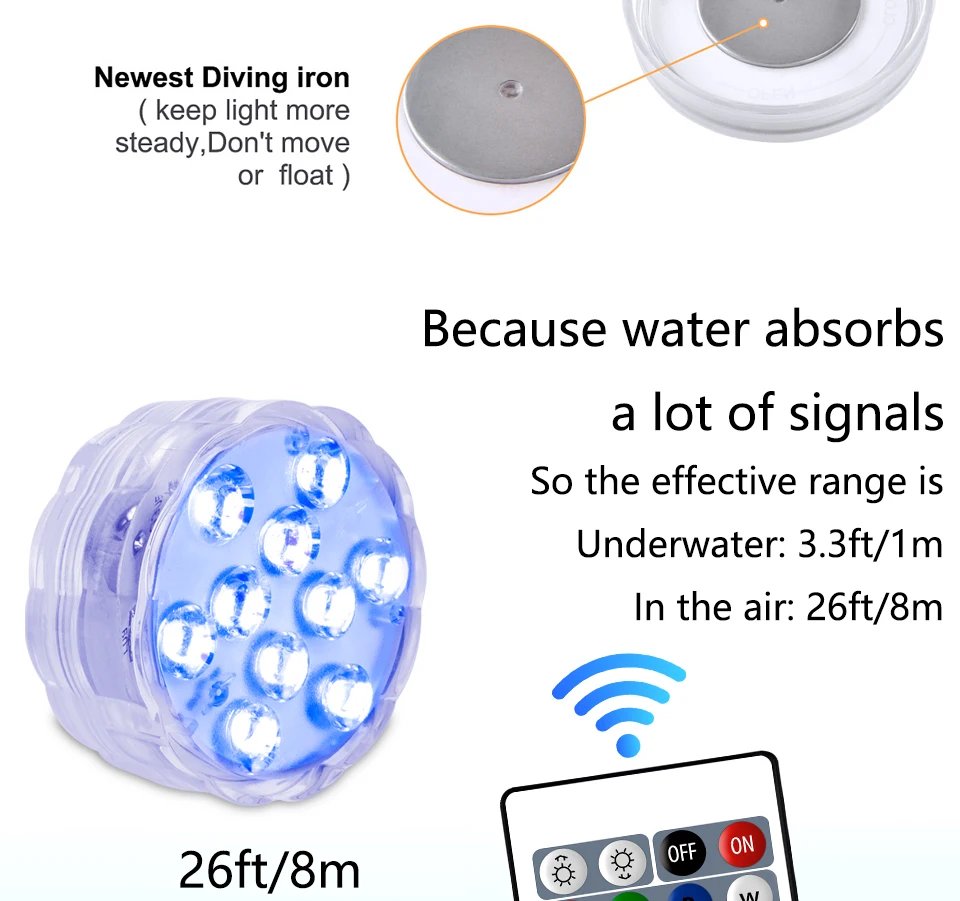 10Led Swimming Pool Light Remote Control RGB Dive Fish Light LED Underwater Lamp Portable Battery Operated for Vase Aquarium