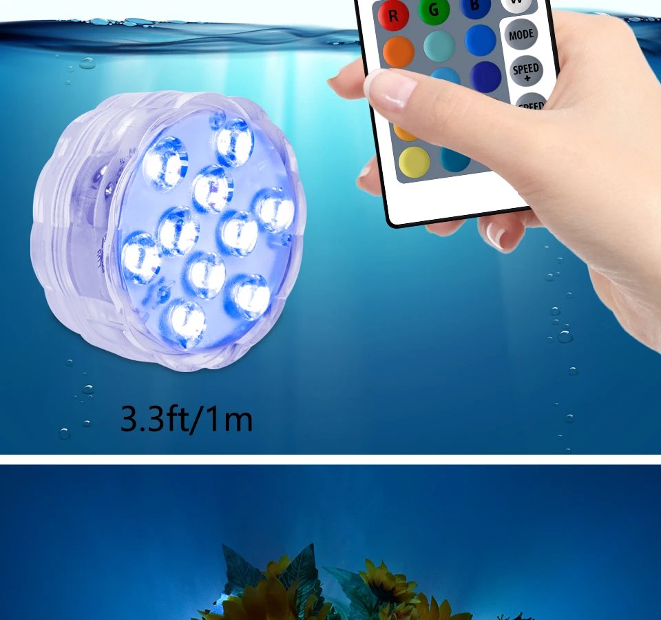 10Led Swimming Pool Light Remote Control RGB Dive Fish Light LED Underwater Lamp Portable Battery Operated for Vase Aquarium