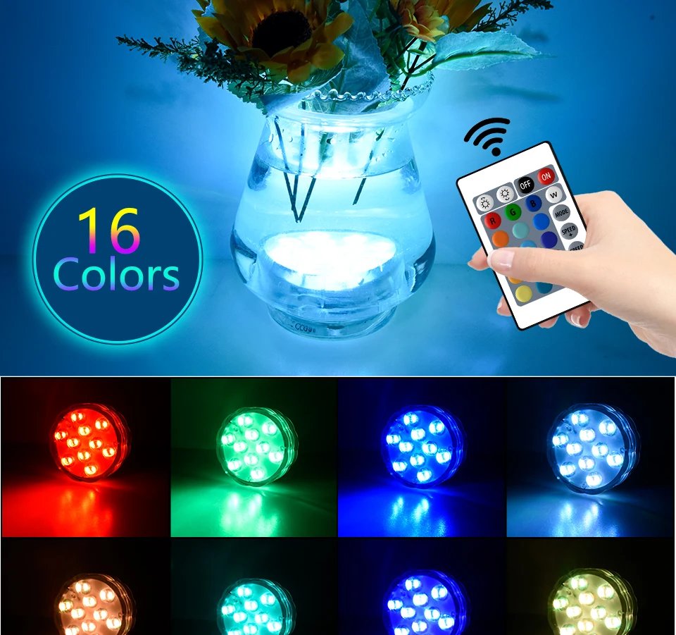 10Led Swimming Pool Light Remote Control RGB Dive Fish Light LED Underwater Lamp Portable Battery Operated for Vase Aquarium