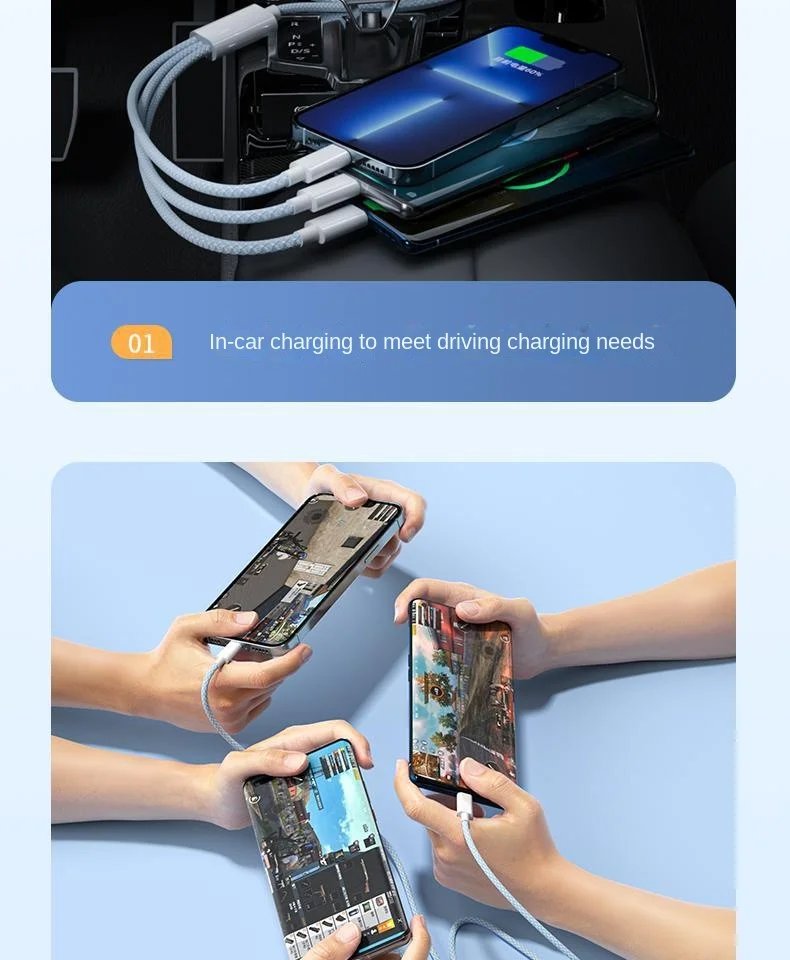 3 In 1 Fast Charging Cable 100W For Xiaomi iPhone Poco Micro USB Type C Charger Cable Cord Multiple Usb C Charging Wire Line
