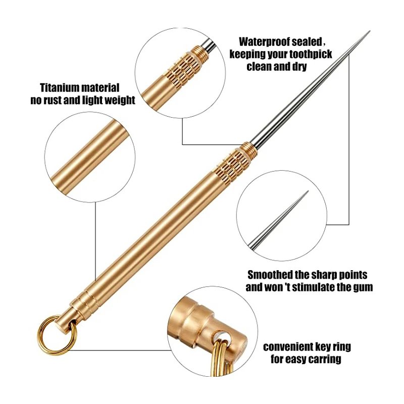 Portable Titanium Toothpicks Pocket Toothpicks Keychain Brass with Metal Toothpick Holder for Outdoor Picnic Camping Accessories