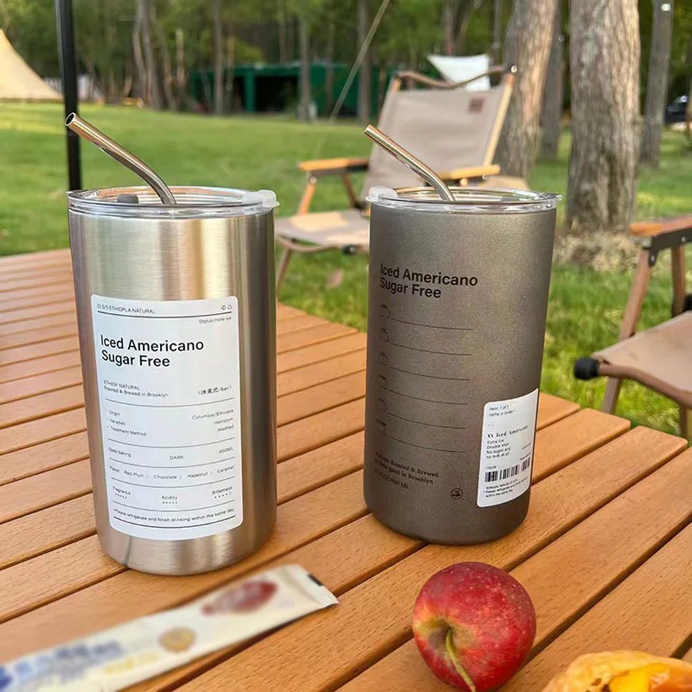 Coffee Cup Thermos 304 Stainless Steel Double -layer Cooler Straw Cup Portable Reusable Ins Ice American Coffee Mug Water Bottle