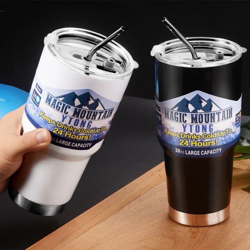 30zo Stainless Steel Freeze Thermos Cup with Straw Ice Coffee Drink Vacuum Insulated Bottle Car Travel Outdoor Thermostatic Cup