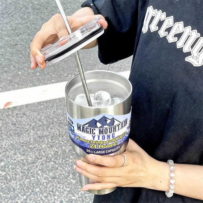 30zo Stainless Steel Freeze Thermos Cup with Straw Ice Coffee Drink Vacuum Insulated Bottle Car Travel Outdoor Thermostatic Cup