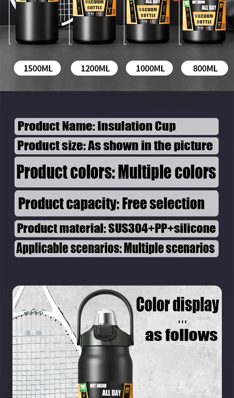 1500ML Stainless Steel Thermo Bottle Portable Thermos Large Capacity Thermo Water Bottle Tumbler Thermoses Outdoor Vacuum Flasks