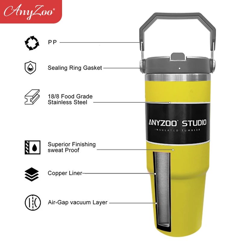 900ml Portable Car Cup Stainless Steel Thermos Cup with Straw Travel Sports Water Bottle With Handle Cover Coffee Vacuum Flask