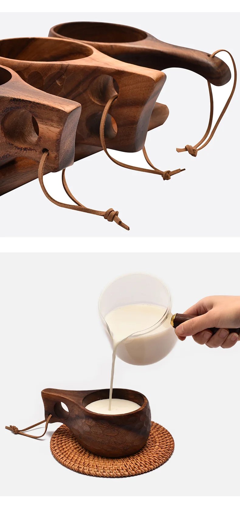 Handmade Wooden Milk Cup Acacia Wood Coffee Mugs Tasse with Carrying Rope Handle Camping Drinkware Cups Artifact Kitchen Tools