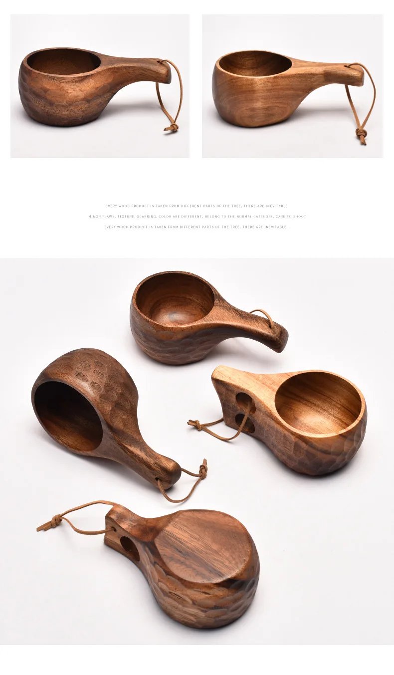 Handmade Wooden Milk Cup Acacia Wood Coffee Mugs Tasse with Carrying Rope Handle Camping Drinkware Cups Artifact Kitchen Tools