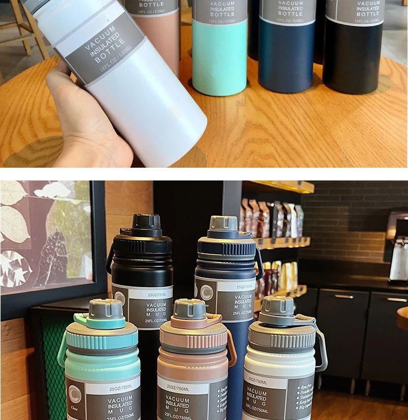 530ML/750ML Thermos Water Bottle Large capacity Stainless Steel Vacuum Flask Mug Portable Outdoor Thermal Mug Sports Drinks Cup