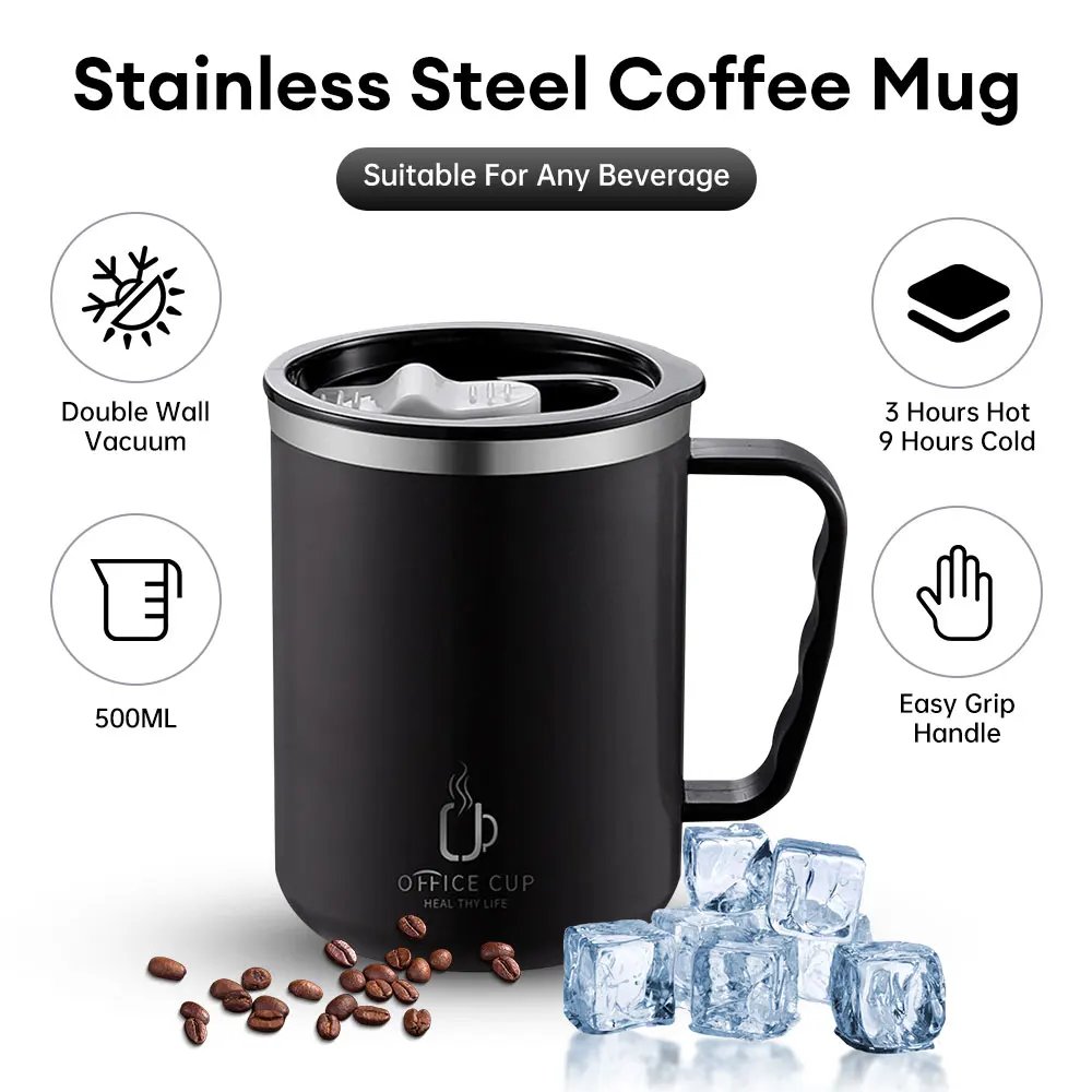 500ml Thermal Coffee Cup Double Wall Stainless Steel Heat Insulated Coffee Milk Mug with Handle and Lid Travel Drinking Tumbler