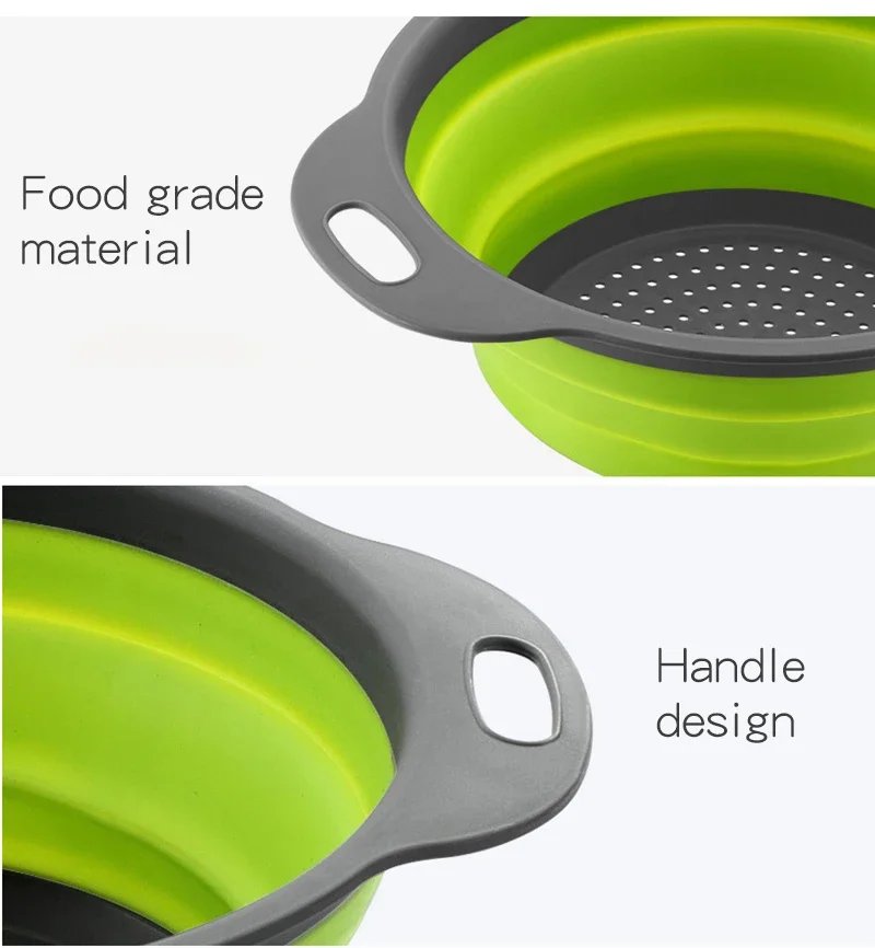 2pcs Silicone Round Folding Vegetable Fruits Washing Drain Basket Colander Strainer Collapsible Drainer Kitchen Tool cocina