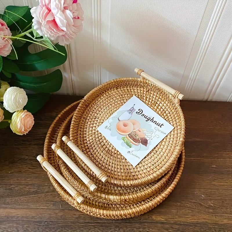 1pc Artisanal Woven Rattan Serving Tray - Dual Handles, Multipurpose Tea and Snack Presentation Platter, Ideal Bread Basket with