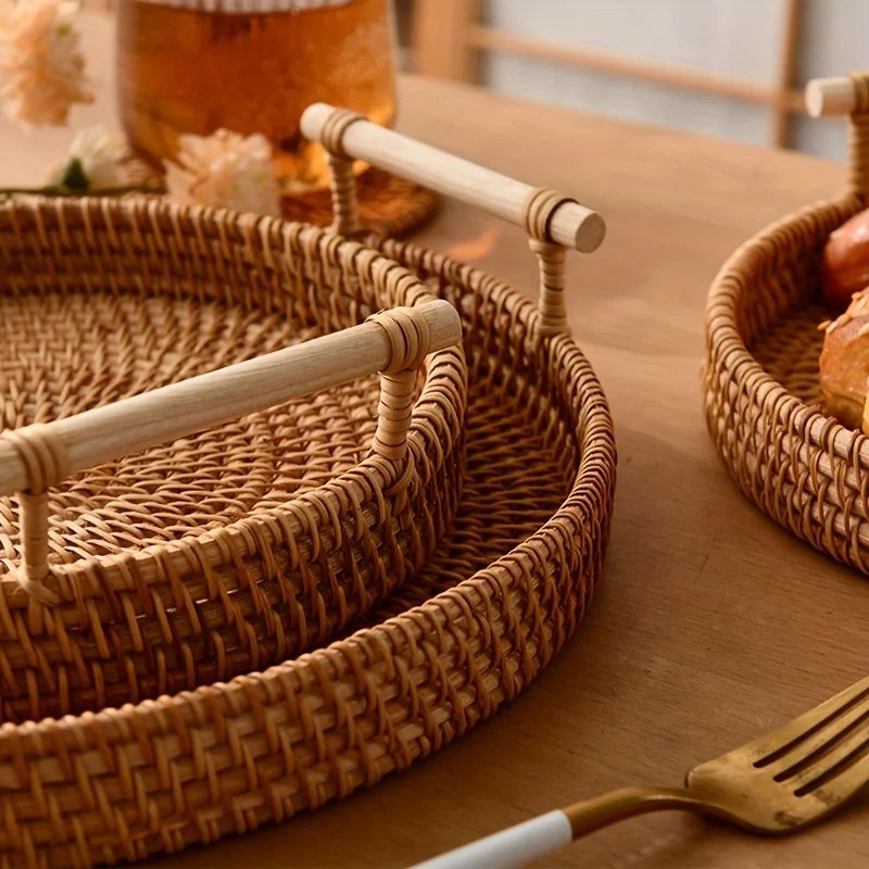 1pc Artisanal Woven Rattan Serving Tray - Dual Handles, Multipurpose Tea and Snack Presentation Platter, Ideal Bread Basket with