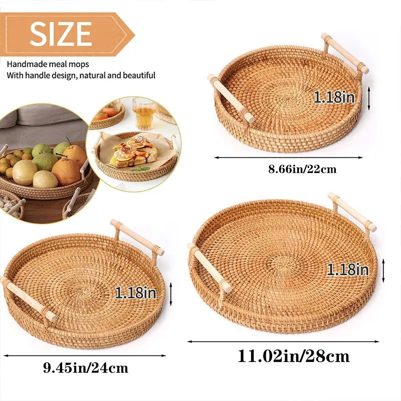 1pc Artisanal Woven Rattan Serving Tray - Dual Handles, Multipurpose Tea and Snack Presentation Platter, Ideal Bread Basket with