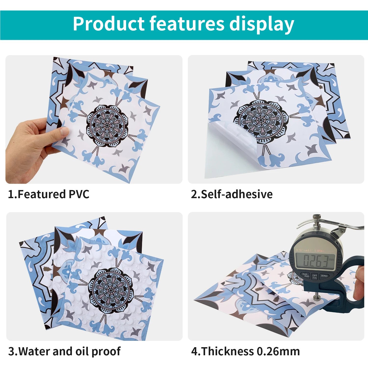 24 pieces of Mandala Retro Pattern Glossy Self-adhesive Tile Stickers for Kitchen and Bathroom Removable Waterproof Wall Sticker