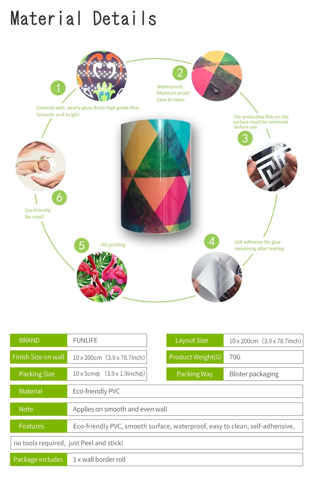 10*200cm Original Design Geometric Pattern Diy Self -Adhesive  Waterproof PVC Wall Border Stickers for Home Decors