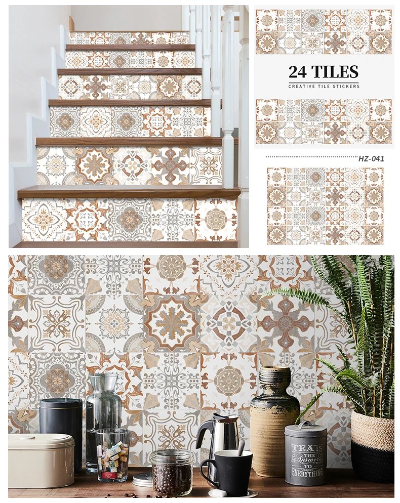 24pcs Art Tile Self-adhesive 3D Wall Sticker Kitchen Wallpaper Murals Waterproof Decals For Living Room Bathroom Decoration