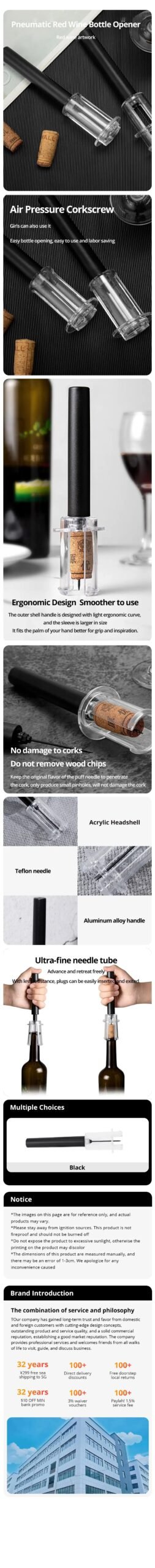 1pc Black Kitchen Supplies Wine Air Pressure Bottle Opener Set Cylinder Box Packaging Manual Needle Air Pressure Bottle Opener