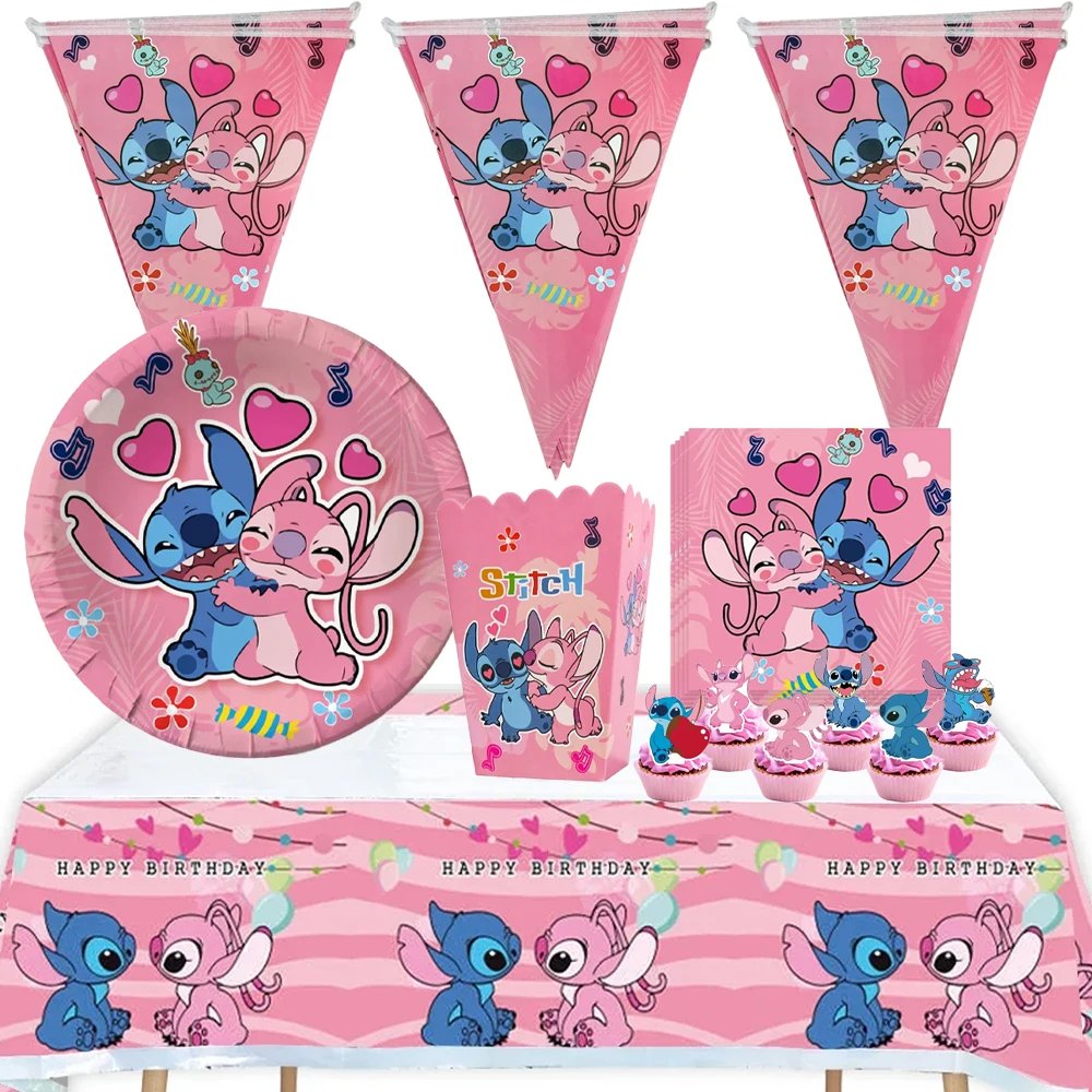 Disney Lilo Stitch Pink Angel  Birthday Party Disposable Party Tableware Set Baby Shower Wedding Party Decoration Supplies