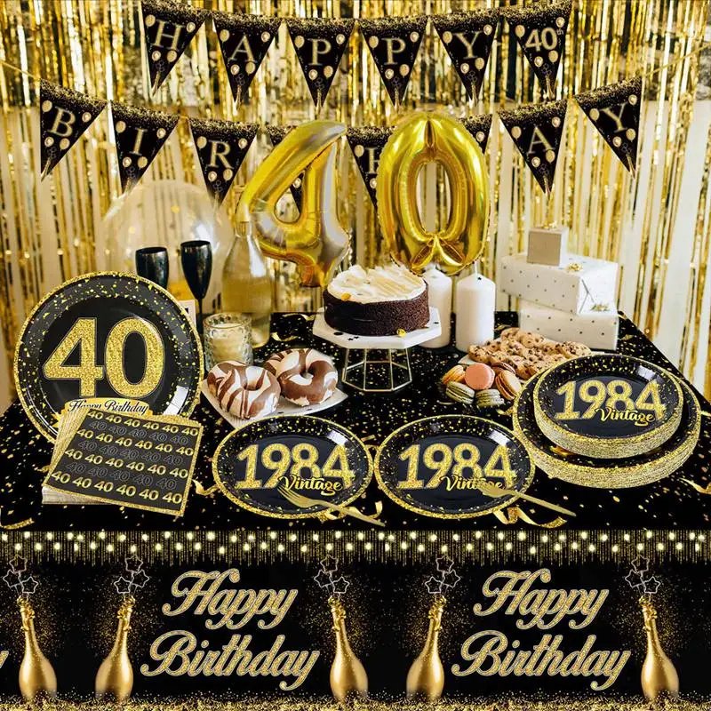 Black Gold Tableware 40th Birthday Party Happy 40 Birthday Party Decorations Adults Parents Tablecloth Paper Plates Cups Napkin