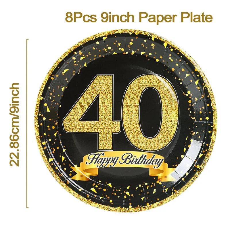 Black Gold Tableware 40th Birthday Party Happy 40 Birthday Party Decorations Adults Parents Tablecloth Paper Plates Cups Napkin