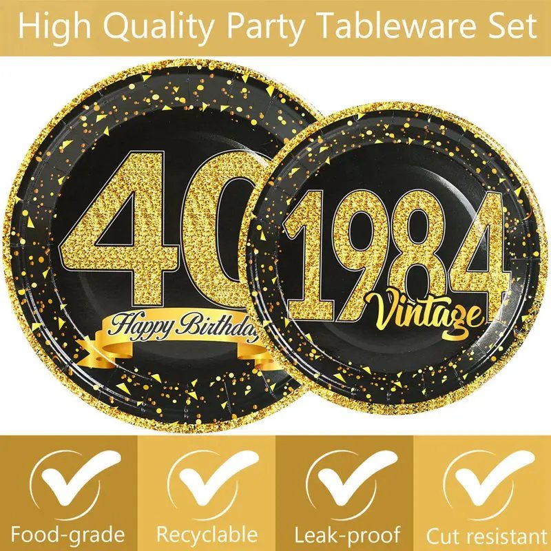 Black Gold Tableware 40th Birthday Party Happy 40 Birthday Party Decorations Adults Parents Tablecloth Paper Plates Cups Napkin