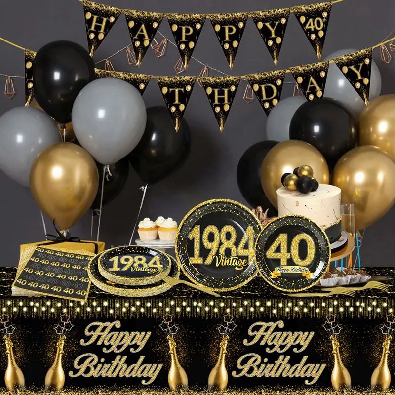 Black Gold Tableware 40th Birthday Party Happy 40 Birthday Party Decorations Adults Parents Tablecloth Paper Plates Cups Napkin