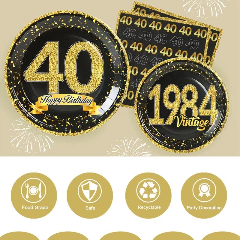 Black Gold Tableware 40th Birthday Party Happy 40 Birthday Party Decorations Adults Parents Tablecloth Paper Plates Cups Napkin