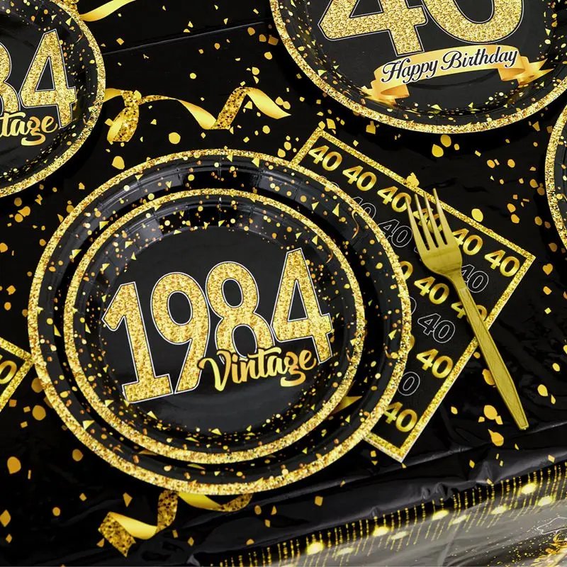 Black Gold Tableware 40th Birthday Party Happy 40 Birthday Party Decorations Adults Parents Tablecloth Paper Plates Cups Napkin