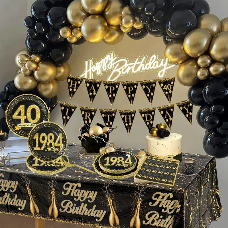 Black Gold Tableware 40th Birthday Party Happy 40 Birthday Party Decorations Adults Parents Tablecloth Paper Plates Cups Napkin