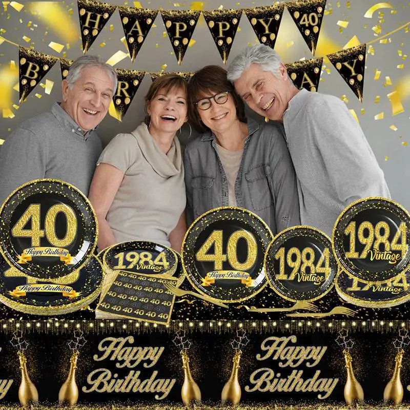 Black Gold Tableware 40th Birthday Party Happy 40 Birthday Party Decorations Adults Parents Tablecloth Paper Plates Cups Napkin