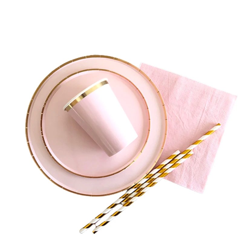 Gold Disposable Tableware Set Pink Party Paper Plates Napkins Cup Straws Birthday Party Wedding Decor Christmas Party Supplies