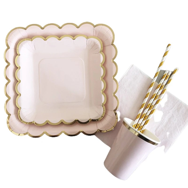 Gold Disposable Tableware Set Pink Party Paper Plates Napkins Cup Straws Birthday Party Wedding Decor Christmas Party Supplies