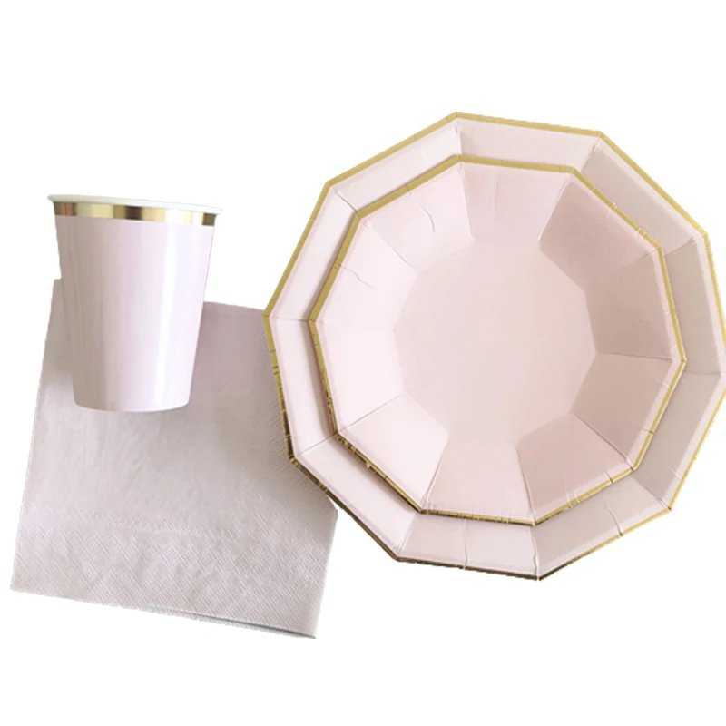 Gold Disposable Tableware Set Pink Party Paper Plates Napkins Cup Straws Birthday Party Wedding Decor Christmas Party Supplies