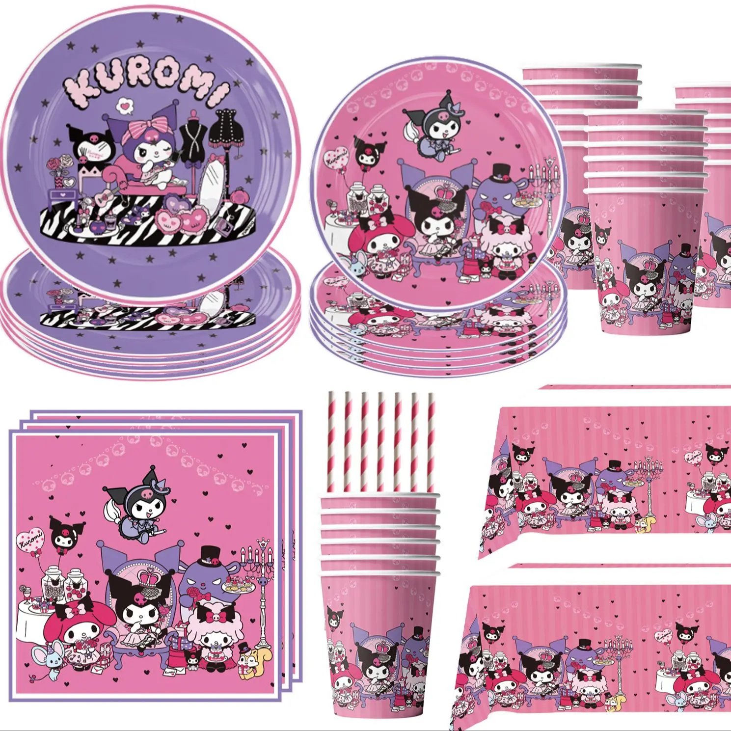 Cute Kawali Kuromied Theme Birthday Party Decoration Disposable Set Tableware Plate Napkins Tablecloth For Kid Shower Supplies