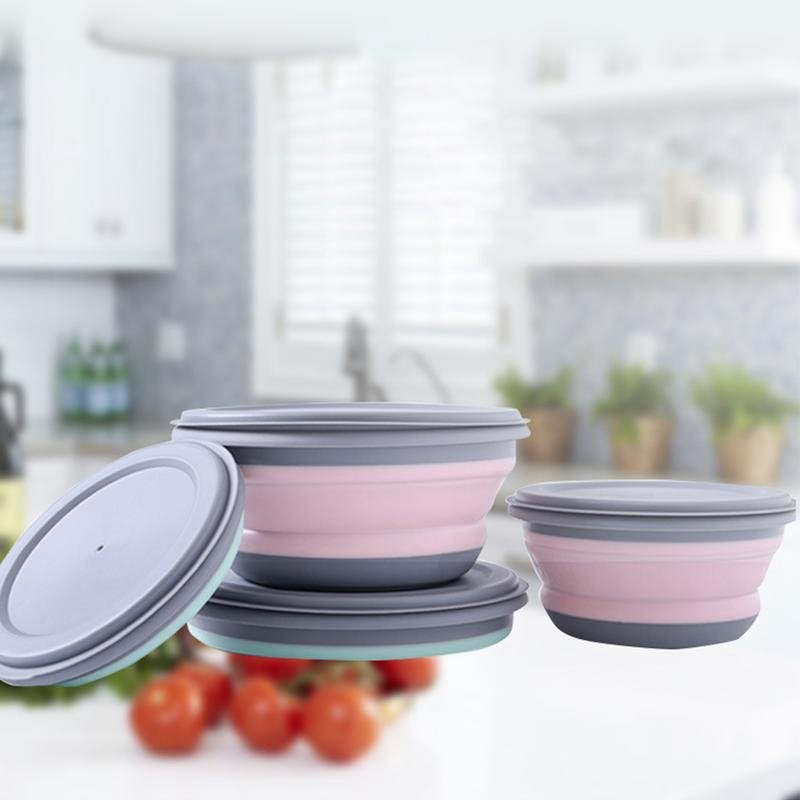 3pcs/set Silicone Folding Lunch Box With Lid Portable Picnic Camping Bowl Set Kitchen Tableware Kit Foldable Fruit Salad Bowl