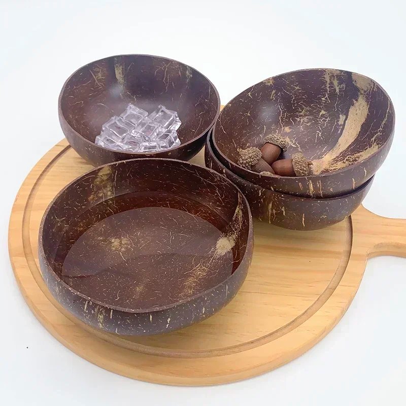 Women 12-15cm Natural Coconut Bowl Dinner Set Handmade Wooden Tableware Wood Spoon Dessert Fruit Salad Mixing Rice Ramen Bowl