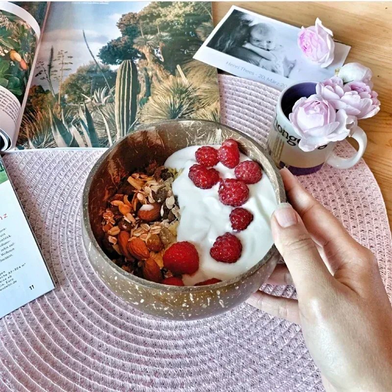 Women 12-15cm Natural Coconut Bowl Dinner Set Handmade Wooden Tableware Wood Spoon Dessert Fruit Salad Mixing Rice Ramen Bowl